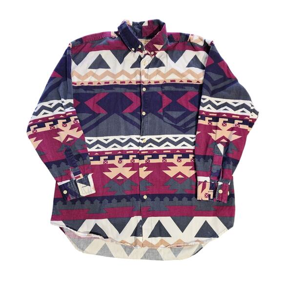 VTG Men's Aztez Flannel New River Size L Cotton Button Up Long Sleeve Southwest - Picture 1 of 8